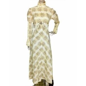 Vintage 70s Edwardian Victorian Floral Lace Bishop Sleeve Cameo Prairie Dress